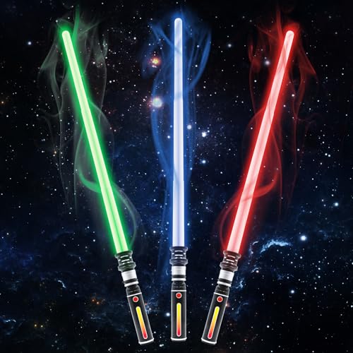 KEGOZ 3 Packs 3 Colors Light Sabers with FX Sound Motion Sensors for Kids Expandable Handle Light up Sword for Halloween Xmas Boys Childrens Day Dress Up Parties Costum Galaxy War Fighters and Warriors - Image 1