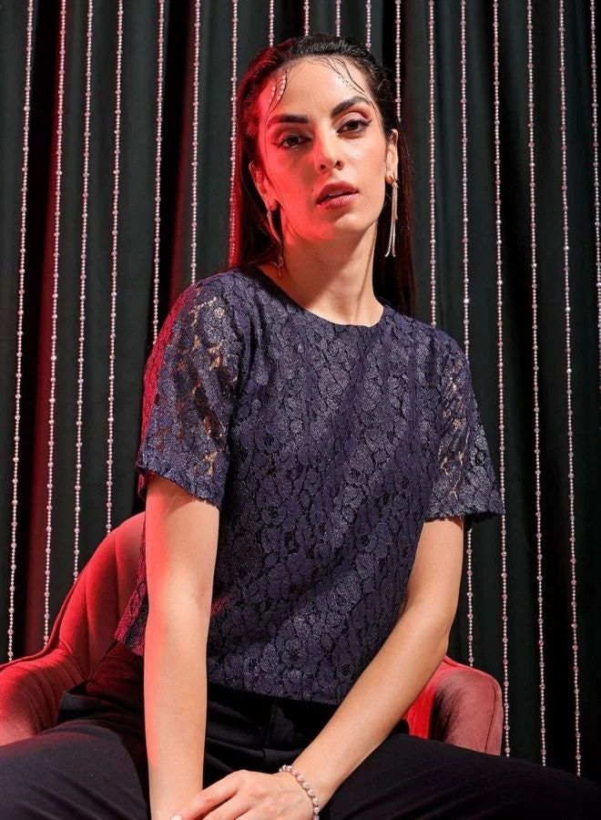 Freehand  Women Regular Fit Lace Round Neck Short Sleeve Regular Top  | Best Price UAE