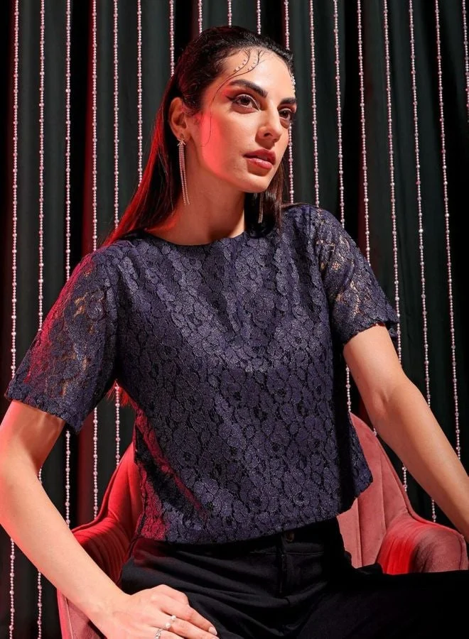 Freehand  Women Regular Fit Lace Round Neck Short Sleeve Regular Top  | Best Price UAE