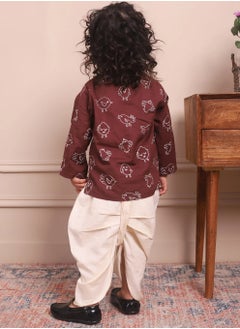 Polka Tots Polka Tots Full Sleeves Birds Embroidery Angrakha with Dhoti - Wine (6M - 9M)  - Image 4