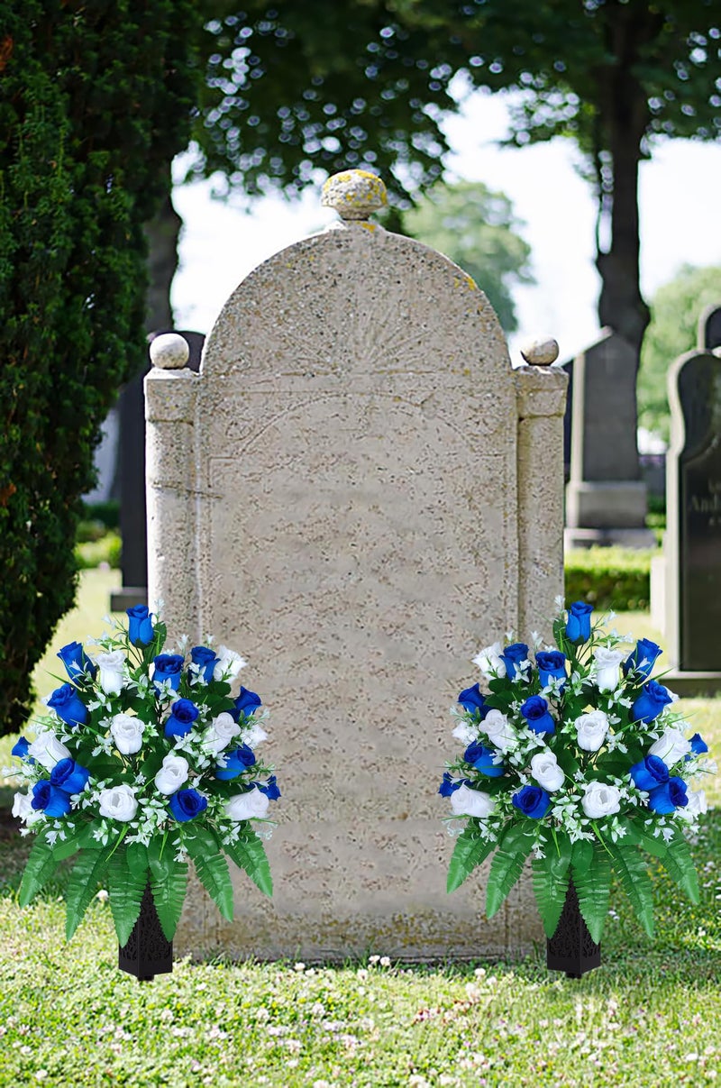 LVXINLI Artificial Cemetery Flowers, Gravesite Decoration Roses, Memorial Bouquets with Cemetery Vase, Vibrant and Long-Lasting Colors (Dark Blue+White, 2 Bundles) - Image 3