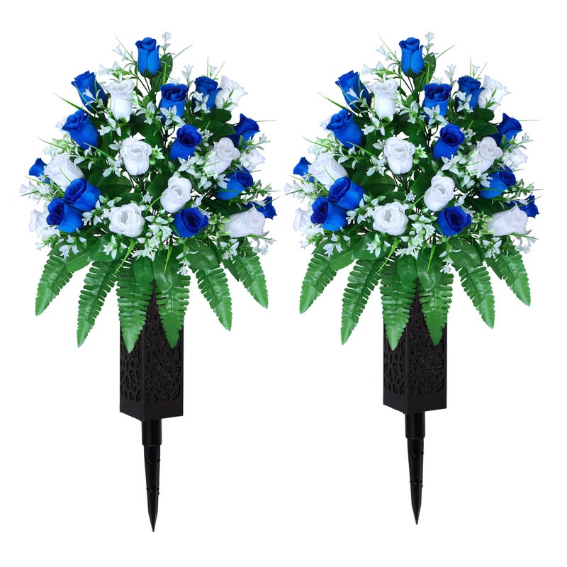LVXINLI Artificial Cemetery Flowers, Gravesite Decoration Roses, Memorial Bouquets with Cemetery Vase, Vibrant and Long-Lasting Colors (Dark Blue+White, 2 Bundles) - Image 1