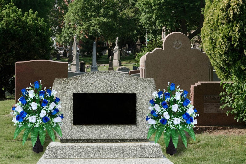 LVXINLI Artificial Cemetery Flowers, Gravesite Decoration Roses, Memorial Bouquets with Cemetery Vase, Vibrant and Long-Lasting Colors (Dark Blue+White, 2 Bundles) - Image 5