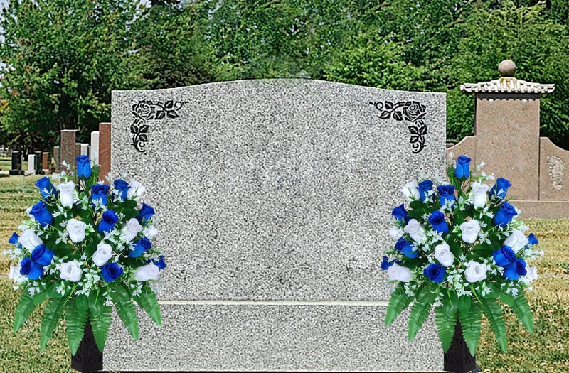 LVXINLI Artificial Cemetery Flowers, Gravesite Decoration Roses, Memorial Bouquets with Cemetery Vase, Vibrant and Long-Lasting Colors (Dark Blue+White, 2 Bundles) - Image 2