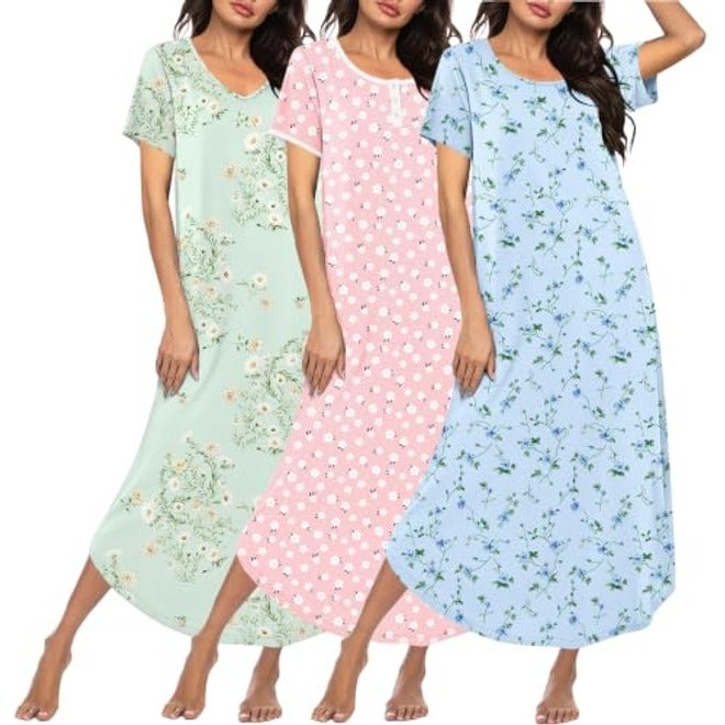 Ekouaer Women's 3-Pack Long Nightgowns Plus Size Soft Moo Moo Sleepwear Short Sleeve House Dress