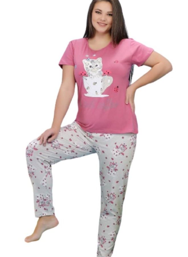 جنة بيجامة نسائية بأكمام قصيره وبنطلون طويل صيفيه مصنوعه من القطن مقاسات كبيره