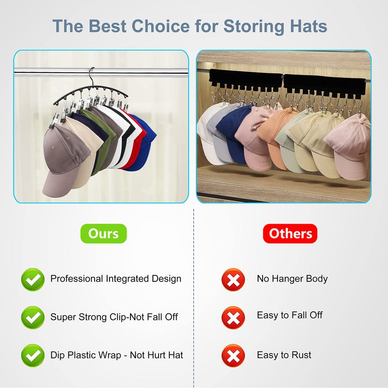 Yecuip Hat Hangers for Closet, Metal Hats Organizer Racks for Base Ball Caps 2 Pack Door Hats Racks for Baseball Cap with 10 Large Clips, Baseball Hat Holder for Closet Storage, Fits All Cap-Black - Image 2