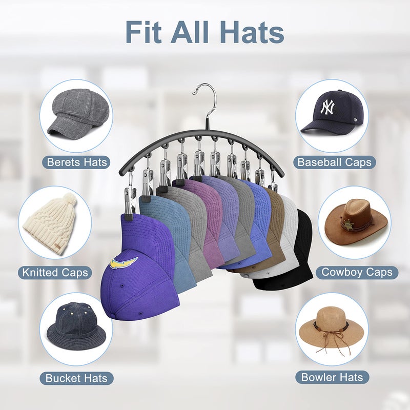 Yecuip Hat Hangers for Closet, Metal Hats Organizer Racks for Base Ball Caps 2 Pack Door Hats Racks for Baseball Cap with 10 Large Clips, Baseball Hat Holder for Closet Storage, Fits All Cap-Black - Image 5
