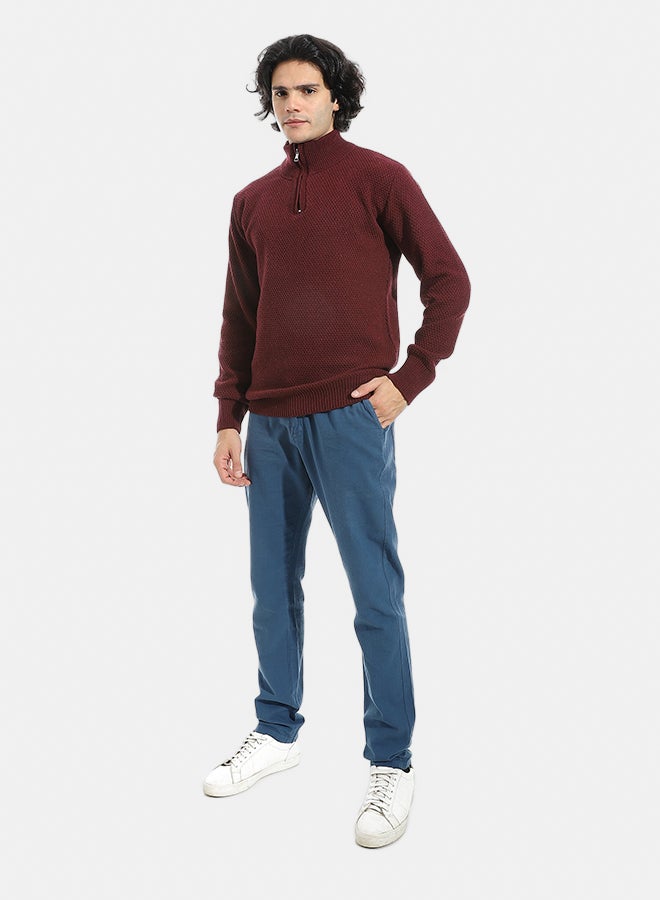 Andora Plain Self Pattern Zipper Closure Sweater _ Dark Red - Image 5