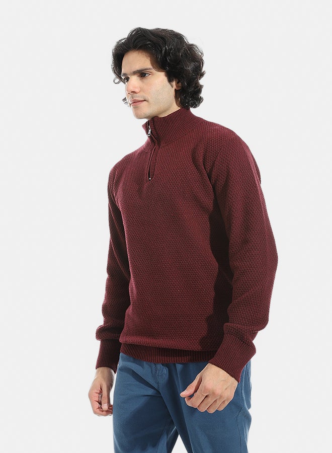 Andora Plain Self Pattern Zipper Closure Sweater _ Dark Red - Image 2