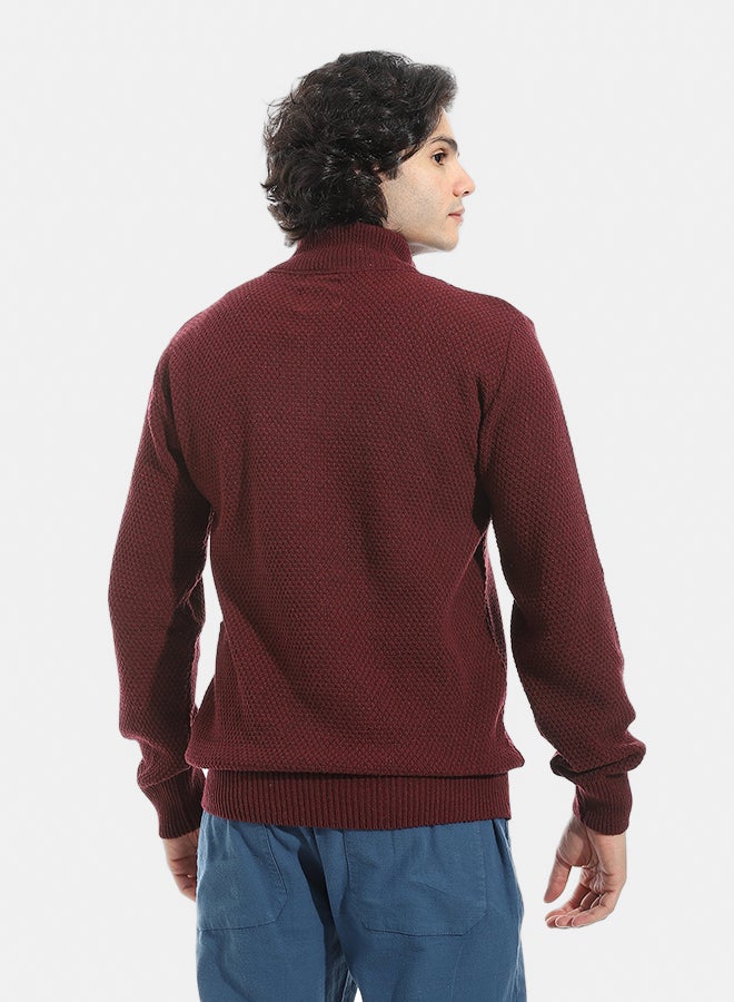 Andora Plain Self Pattern Zipper Closure Sweater _ Dark Red - Image 3