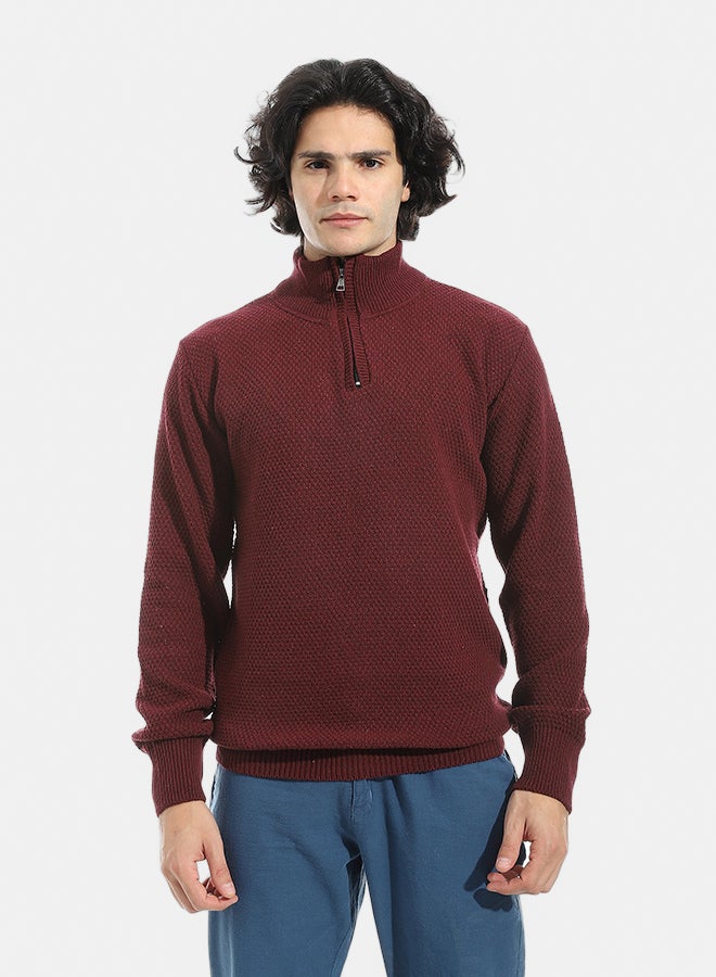 Andora Plain Self Pattern Zipper Closure Sweater _ Dark Red - Image 1