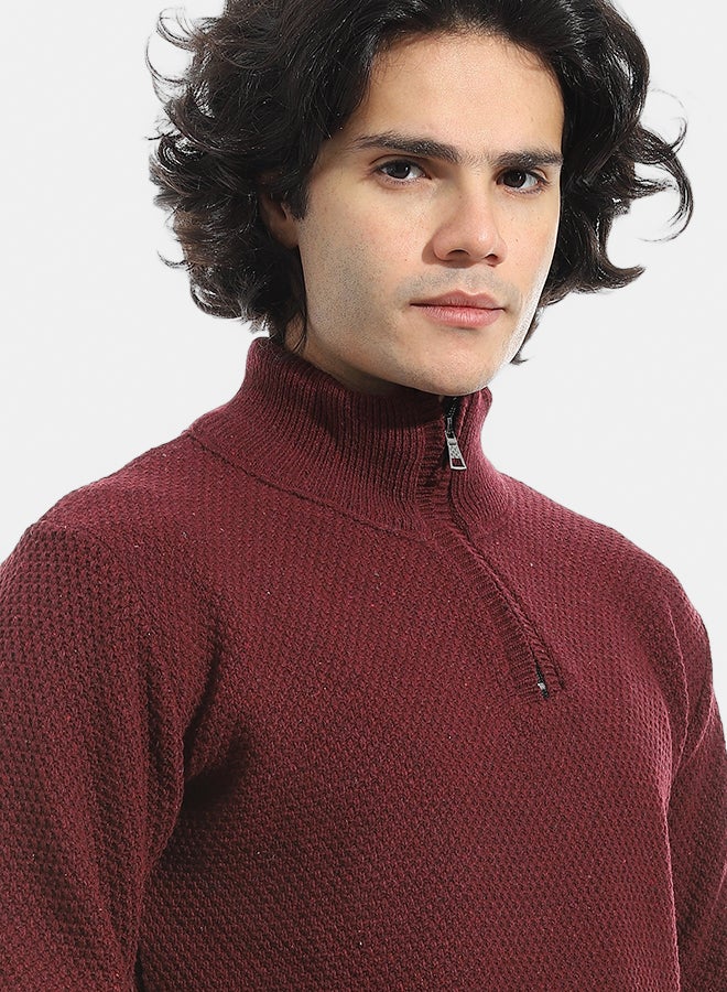 Andora Plain Self Pattern Zipper Closure Sweater _ Dark Red - Image 4