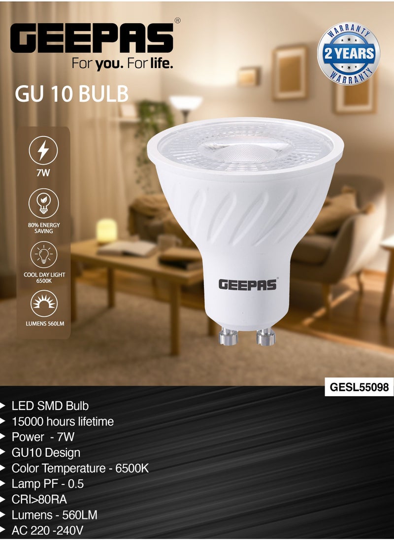 GEEPAS - Geepas 7W GU 10 Bulb GESL55098, 560 Lumens, Cool Day Light 6500 K| Energy Efficient Bulb with 15000 Hours Lifetime, Ceiling Light Bulb Perfect for Home and Office Use, 2 Years Warranty, White - Image 1