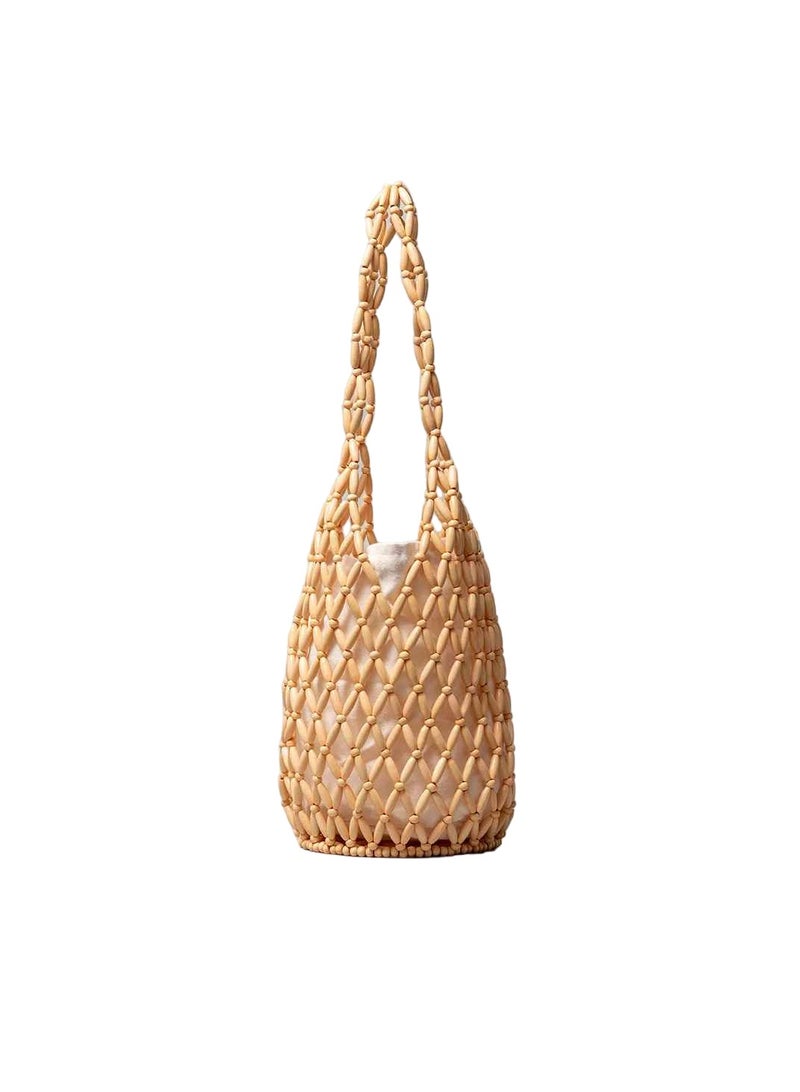 AROAQ Women Woven Handbag, Wooden Bead Tote Bag, Lightweight And Easy To Carry Shoulder Bag, Durable Summer Design Hollow Out Fashion Bag For Women Girls, (1pc, Beige) - Image 1