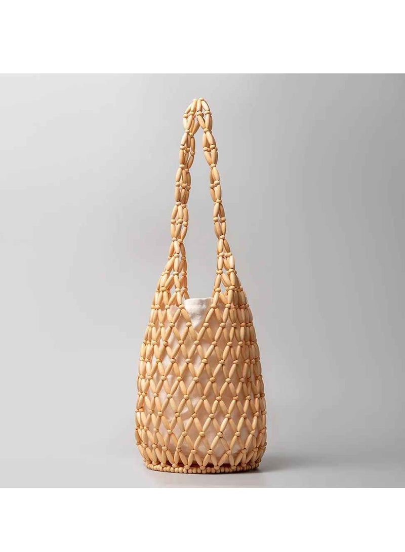 AROAQ Women Woven Handbag, Wooden Bead Tote Bag, Lightweight And Easy To Carry Shoulder Bag, Durable Summer Design Hollow Out Fashion Bag For Women Girls, (1pc, Beige) - Image 2