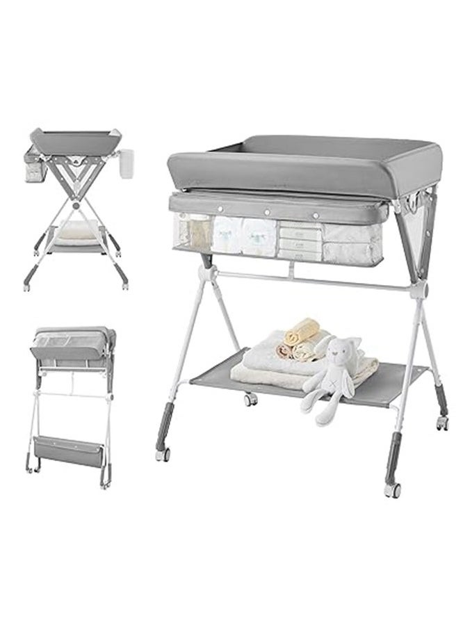 Arabest - Baby Portable Diaper Changing Table, Foldable Changing Table for Baby with Wheels, Baby Diaper Changing Station with 3-Level Adjustable Height, Portable Changing Table with Large Organizers Grey - Image 1