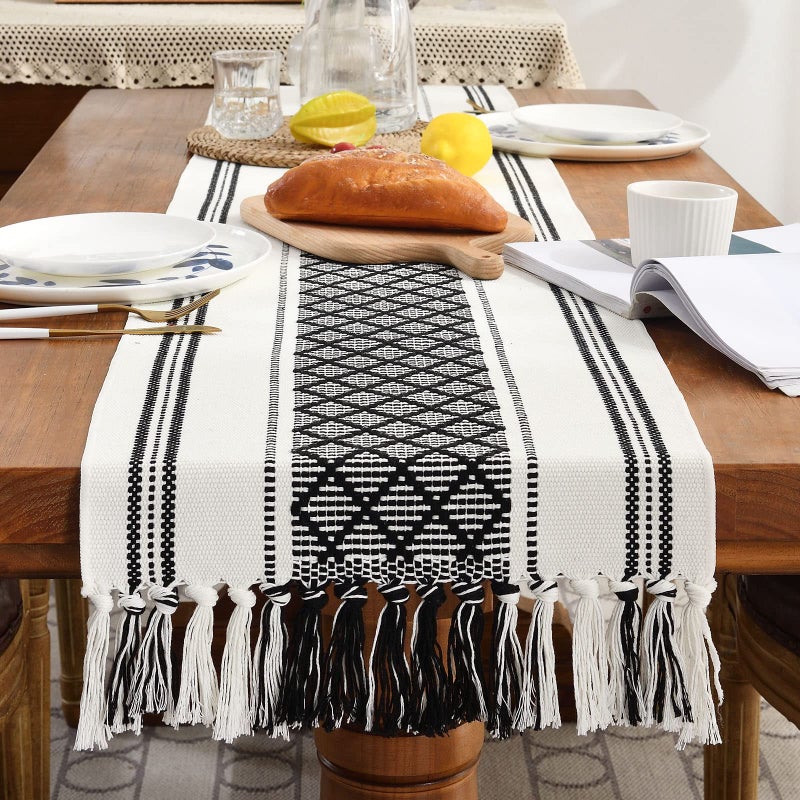 Wracra Boho Woven Table Runner 14 x 36 inches Black and White Rustic Table Runners Modern Farmhouse Style Vintage Rustic Table Runner with Tassels for Dresser Home Dining Table DecorBlack 36