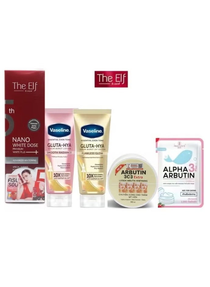 The Elf Whitening Set Nano White Dose Serum ,GLUTA-HYA Smooth Radiance & Flawless Glow & Alpha Arbutin Capsules and Arbutin 3c3 Extra Lotion Arbutin Whitening 300ml