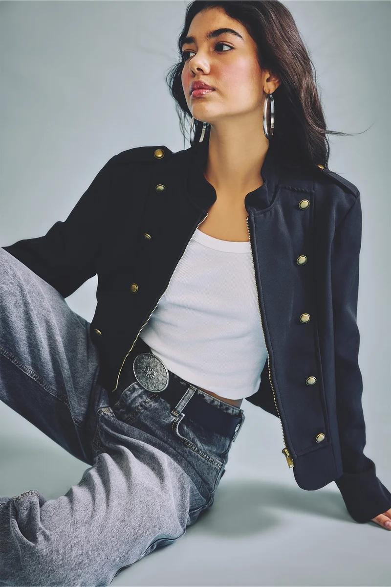 High Neck Button Detail Bengalin Napoleon Jacket