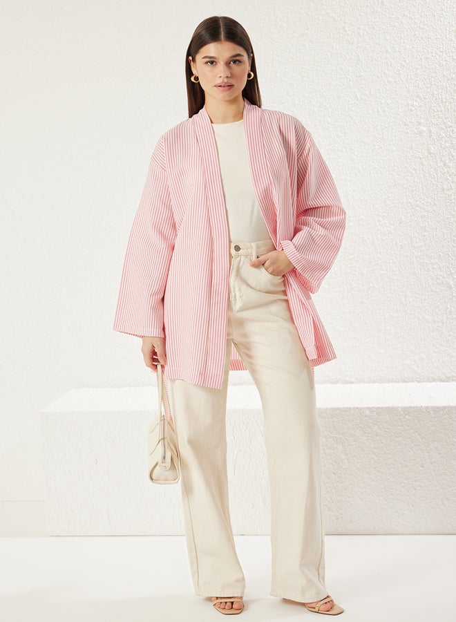 trendyol Pink Belted Woven Seersucker Striped Kimono & Kaftan TCTSS23KK00001 - Image 1