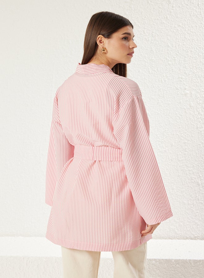 trendyol Pink Belted Woven Seersucker Striped Kimono & Kaftan TCTSS23KK00001 - Image 5