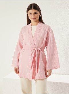 trendyol Pink Belted Woven Seersucker Striped Kimono & Kaftan TCTSS23KK00001  - Image 2