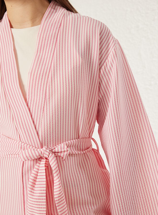 trendyol Pink Belted Woven Seersucker Striped Kimono & Kaftan TCTSS23KK00001 - Image 4
