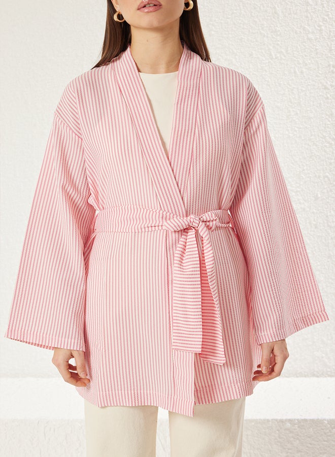trendyol Pink Belted Woven Seersucker Striped Kimono & Kaftan TCTSS23KK00001 - Image 3