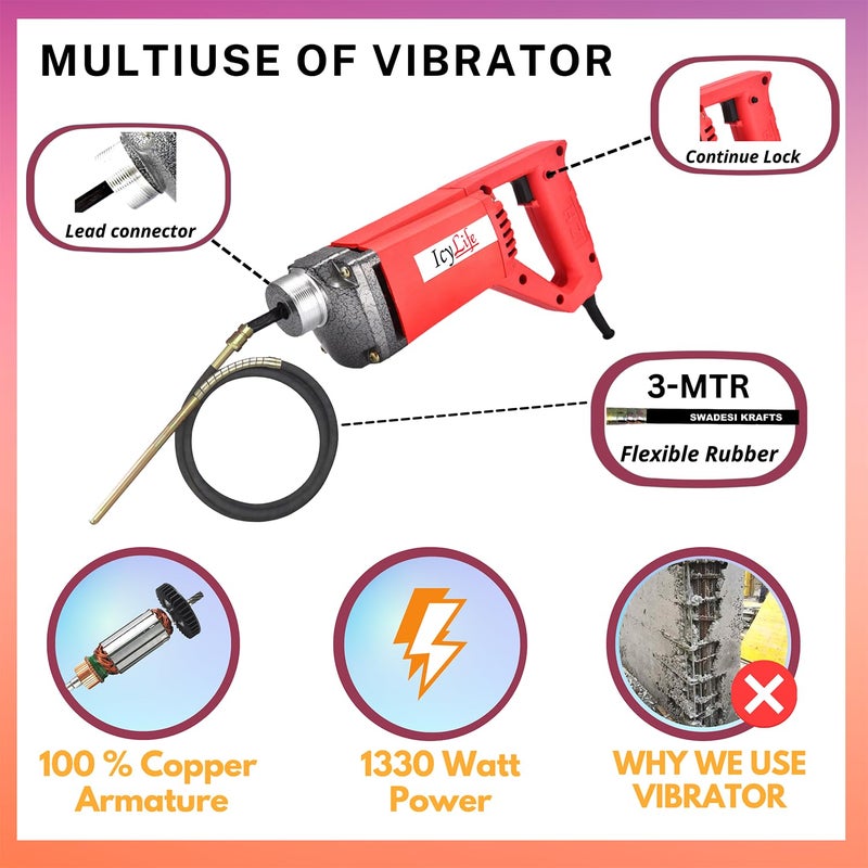 ICYLIFE ICYLIFE Concrete Vibrator With 3 Mitre Needle Shaft 1330WTT 13800RPM Electric Vibrator Machine  - Image 2