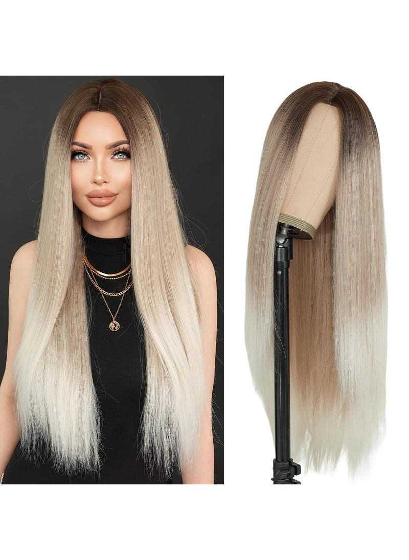 7JHH WIGS - 7JHH Wigs 32in Long Silver Grey Ombre Wigs Natural Heat Resistant Fiber Synthetic Layered Straight Grey White Ombre Wigs with Dark Roots Women Wigs for Holiday Festival Chrismas Daily Party Daily Used - Image 1