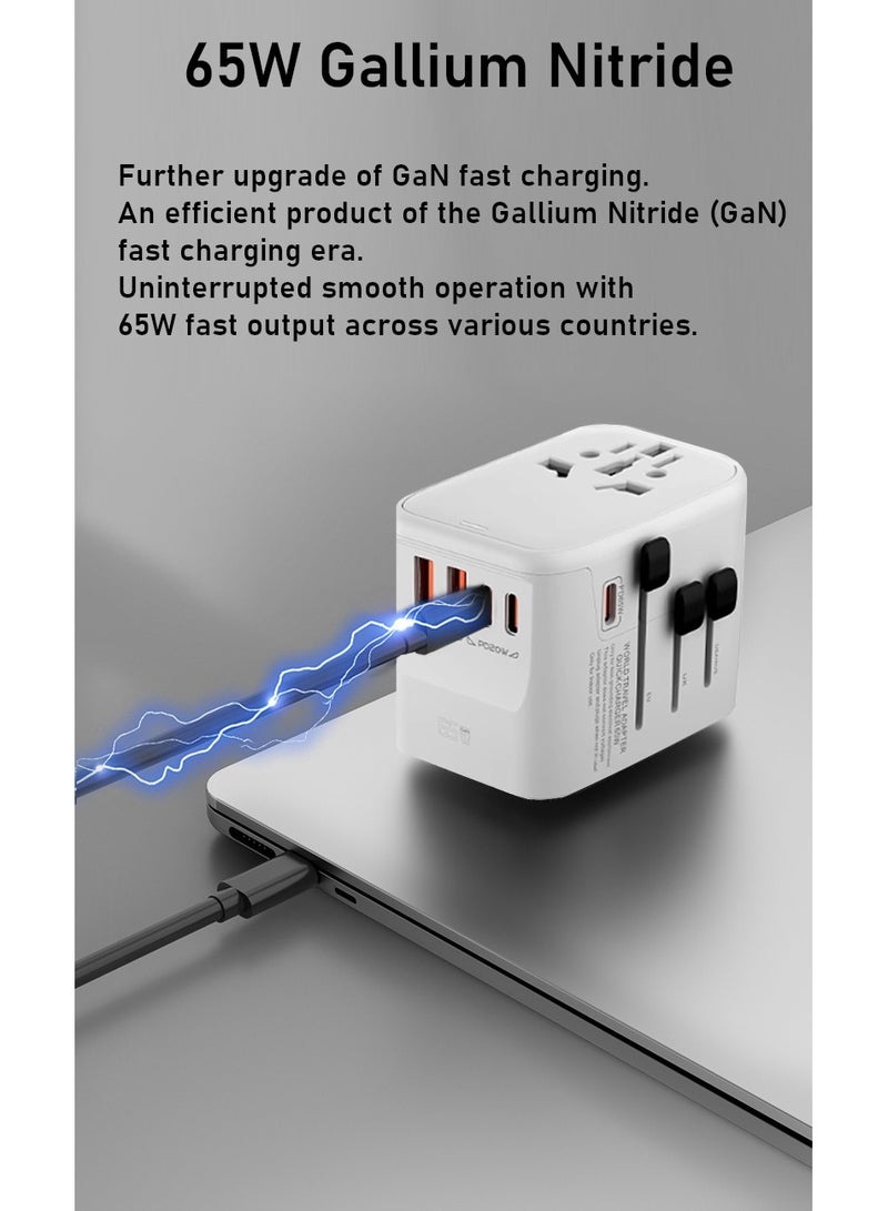 محول سفر ذكي بقوة 65 واط (GaN) - شاحن عالمي متعدد المنافذ (3 منافذ PD USB-C + 2 منافذ QC USB-A) مع شحن سريع، متوافق مع أكثر من 200 دولة (بما في ذلك أوروبا، أمريكا، بريطانيا، أستراليا)  - Image 4