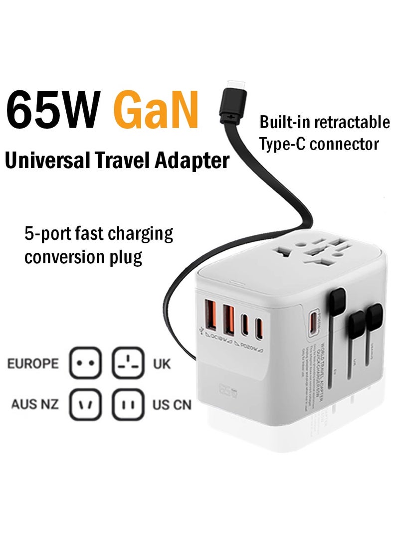 محول سفر ذكي بقوة 65 واط (GaN) - شاحن عالمي متعدد المنافذ (3 منافذ PD USB-C + 2 منافذ QC USB-A) مع شحن سريع، متوافق مع أكثر من 200 دولة (بما في ذلك أوروبا، أمريكا، بريطانيا، أستراليا)  - Image 1