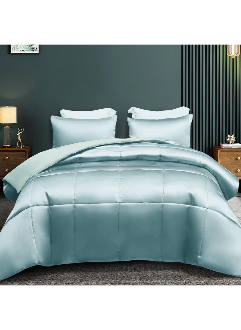Whale Flotilla Whale Flotilla 3-Piece Reversible King Size Silky Comforter Set/Bedding Set  Luxury Soft Satin Comforter with 2 Satin Pillowcases  Lightweight Duvet Set for All Seasons  Haze Blue  - Image 1