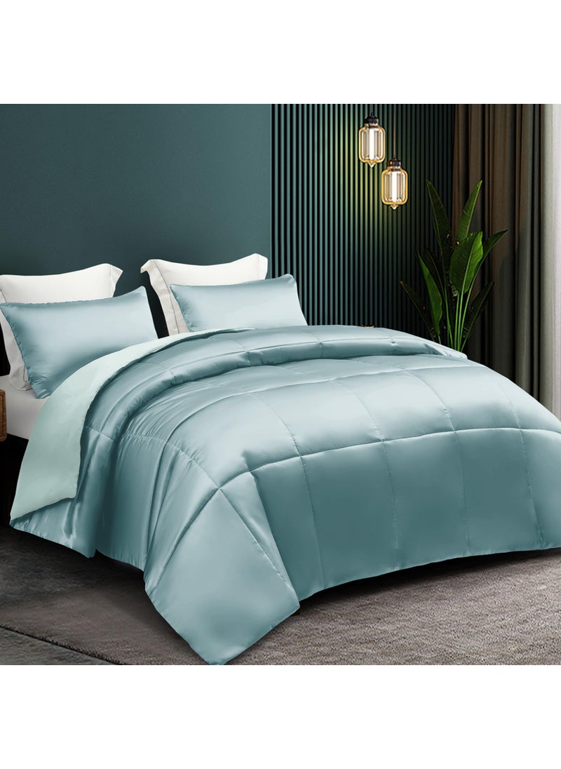 Whale Flotilla Whale Flotilla 3-Piece Reversible King Size Silky Comforter Set/Bedding Set  Luxury Soft Satin Comforter with 2 Satin Pillowcases  Lightweight Duvet Set for All Seasons  Haze Blue  - Image 2