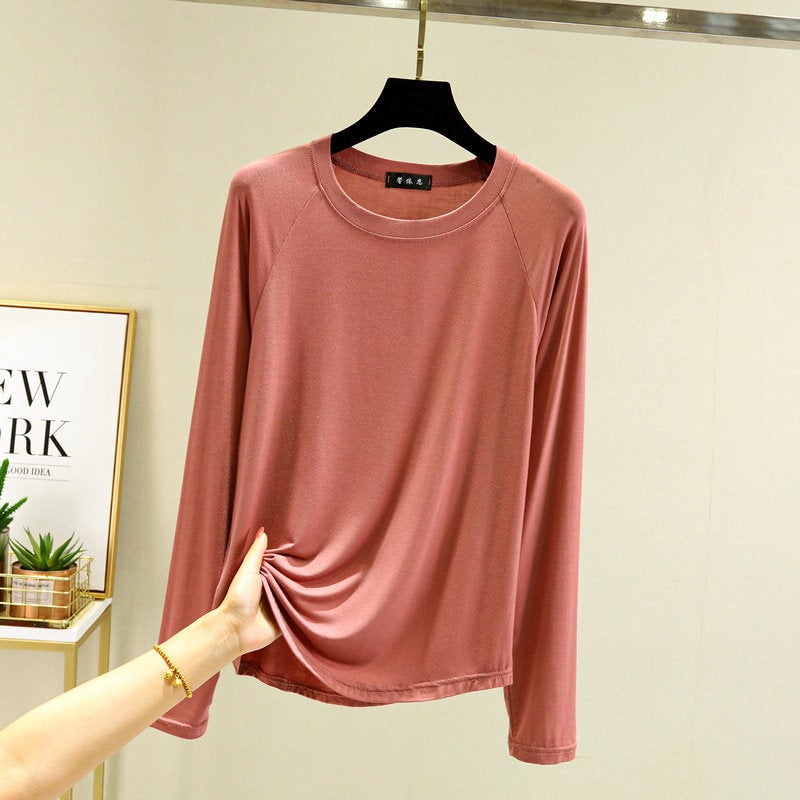 Modal Raglan Long-sleeved T-shirt Womens Early Autumn Round Neck Loose Large Size Base Shirt All-match Pajamas Thin Top Lotus root starch 