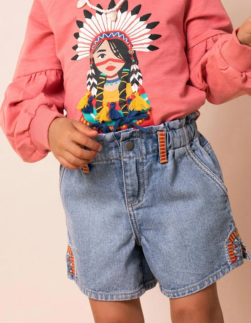 Zippy Denim Shorts with Embroidery for Girls, Blue