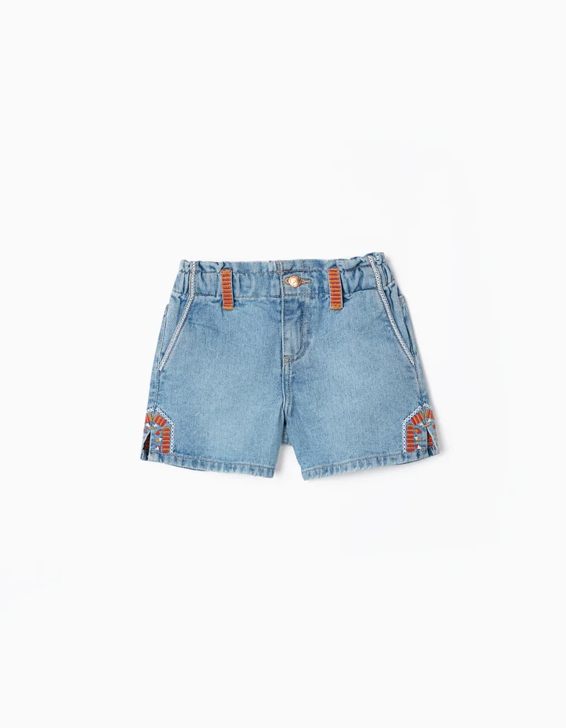 Zippy Denim Shorts with Embroidery for Girls, Blue