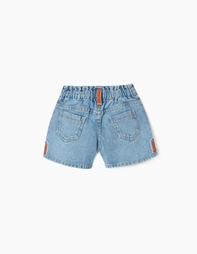 Zippy Denim Shorts with Embroidery for Girls, Blue
