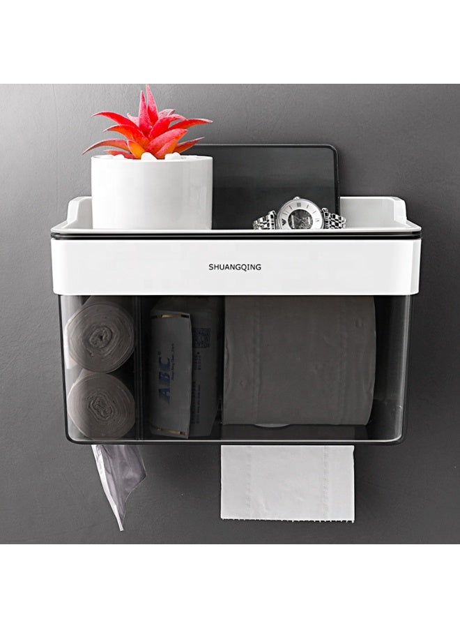Square Wall Mounted Toilet Paper Holder with Storage Box – No-Drill, Adjustable, Eco-Friendly Plastic Bathroom Tissue Dispenser - Image 1