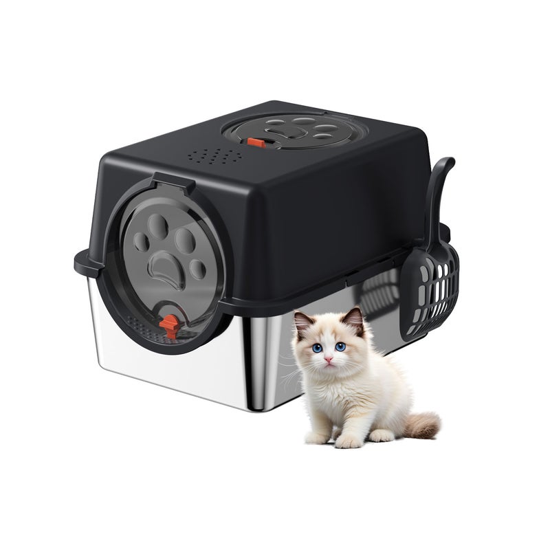 Kidle Stainless Steel Cat Litter Box with Lid – Top & Front Dual Entry Covered Enclosed Cat Toilet Pan Anti-Leakage High Back Splash Guard for Indoor Cats - Image 1