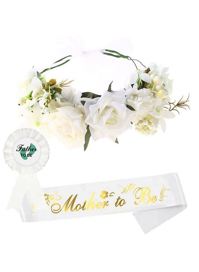 Ulfanit Baby Shower Decorations for Mom to Be - Set of 3 Adjustable Flower Crown Tiara, Sash for Mommy and Pin for Daddy, White Gender Reveal Party Gift Favors for Expectant Parents - Image 1
