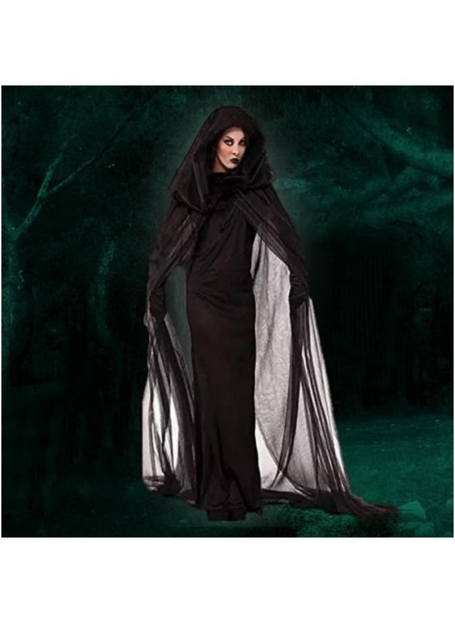 GGEROU - Women's Black Hooded Cape, Party Costume Black Long Veil Tulle Ghost Bride Costume - Image 1