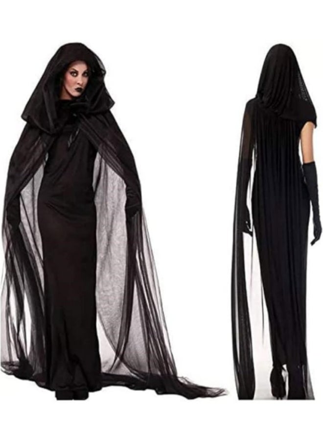 GGEROU - Women's Black Hooded Cape, Party Costume Black Long Veil Tulle Ghost Bride Costume - Image 1