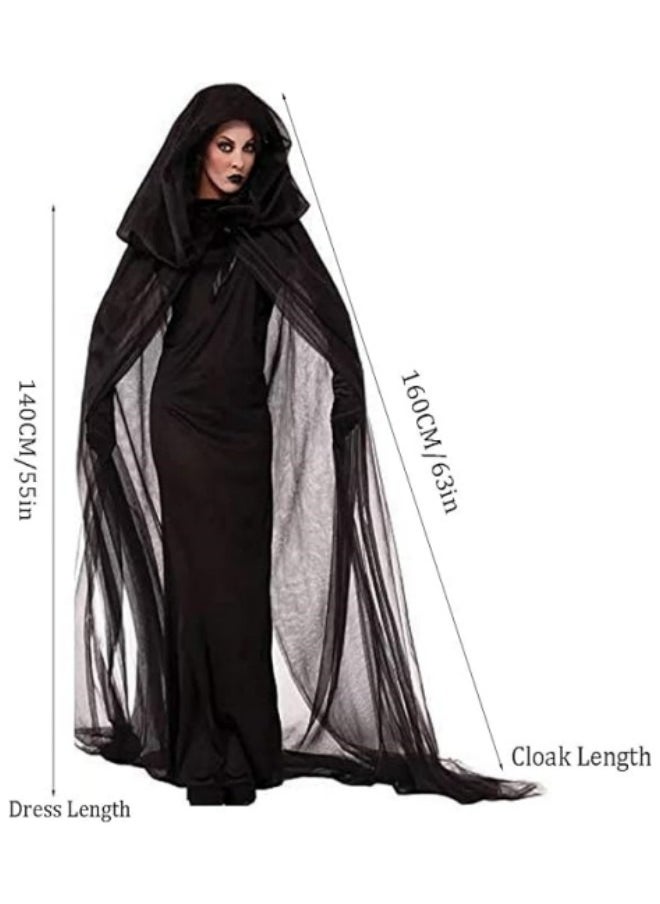 GGEROU - Women's Black Hooded Cape, Party Costume Black Long Veil Tulle Ghost Bride Costume - Image 1
