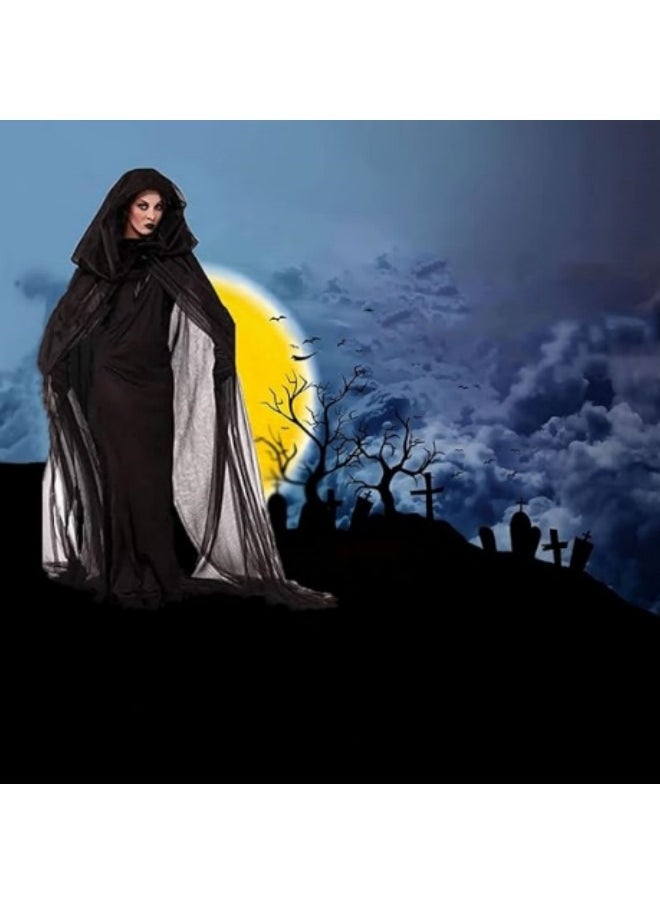GGEROU - Women's Black Hooded Cape, Party Costume Black Long Veil Tulle Ghost Bride Costume - Image 1