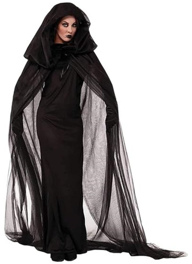 GGEROU - Women's Black Hooded Cape, Party Costume Black Long Veil Tulle Ghost Bride Costume - Image 1