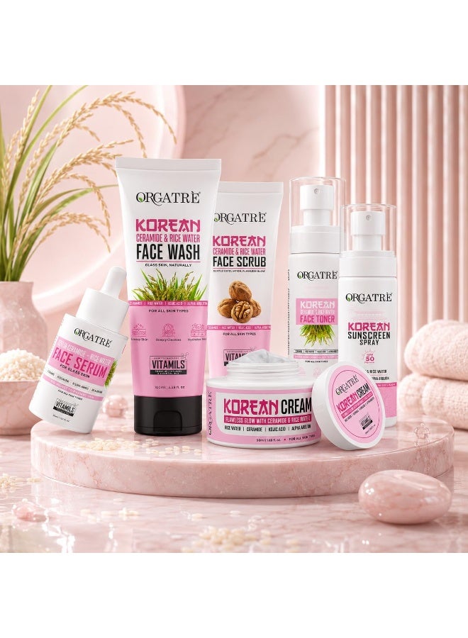 Orgatre K-Glow Korean Skincare Combo | 6-in-1 Face Wash100ml, faceScrub100ml, Toner100ml, Sunscreen, Serum30ml & Cream 50ml| Glass Skin Routine for Radiant Glow, Hydration & Brightening | For All Skin Types - Image 1