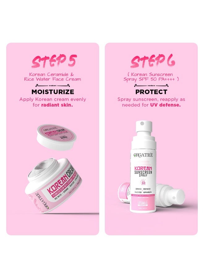 Orgatre K-Glow Korean Skincare Combo | 6-in-1 Face Wash100ml, faceScrub100ml, Toner100ml, Sunscreen, Serum30ml & Cream 50ml| Glass Skin Routine for Radiant Glow, Hydration & Brightening | For All Skin Types - Image 4