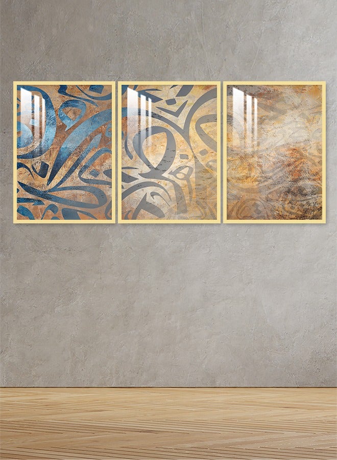 ماركتنا ثلاث لوحات جدارية150x70سم مع برواز ذهبي وطبقة اكريلك شفاف بتصميم خط عربي - Image 1